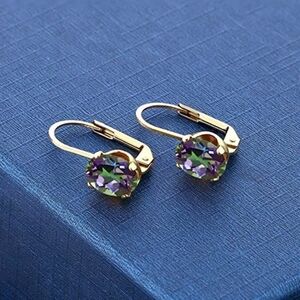 18K Yellow Gold 3.20ct Oval Green Purple Mystic Topaz Dangle Earrings Gift